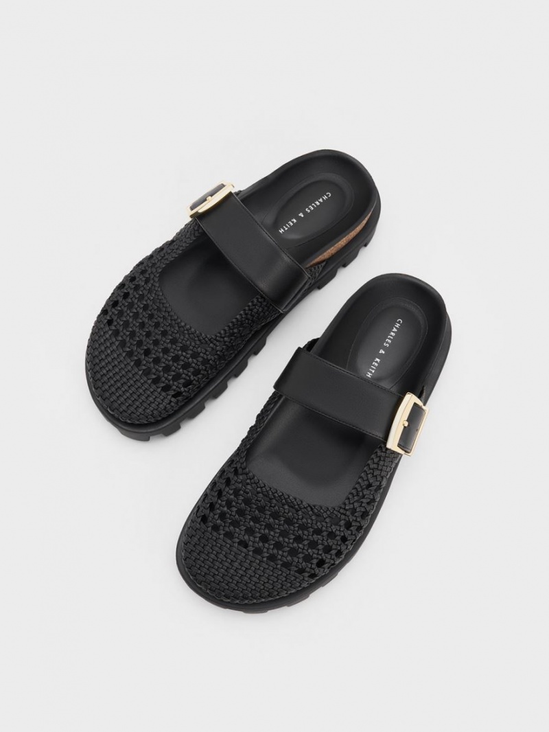 Mules Charles And Keith Woven Buckled φλατ μαυρα | 78614-WOID