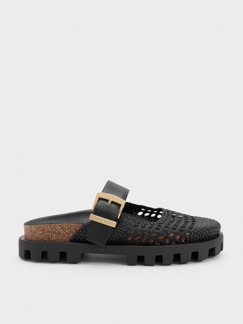 Mules Charles And Keith Woven Buckled φλατ μαυρα | 78614-WOID