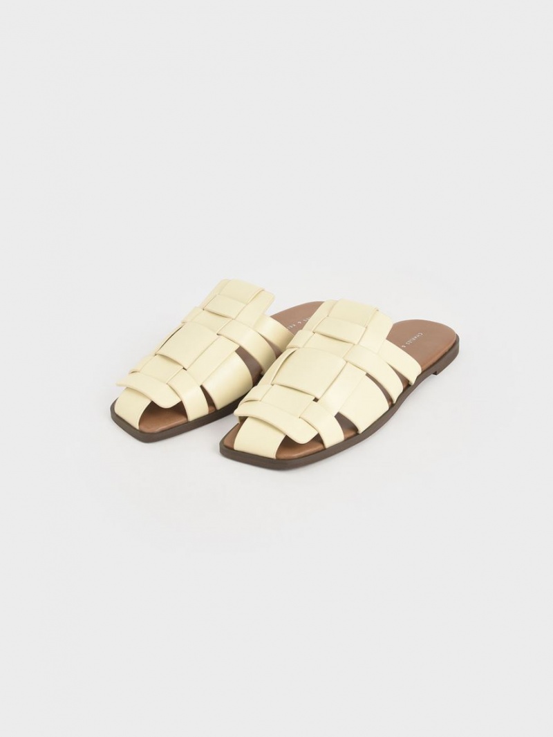 Mules Charles And Keith Woven φλατ κρέμα | 73608-JLDP
