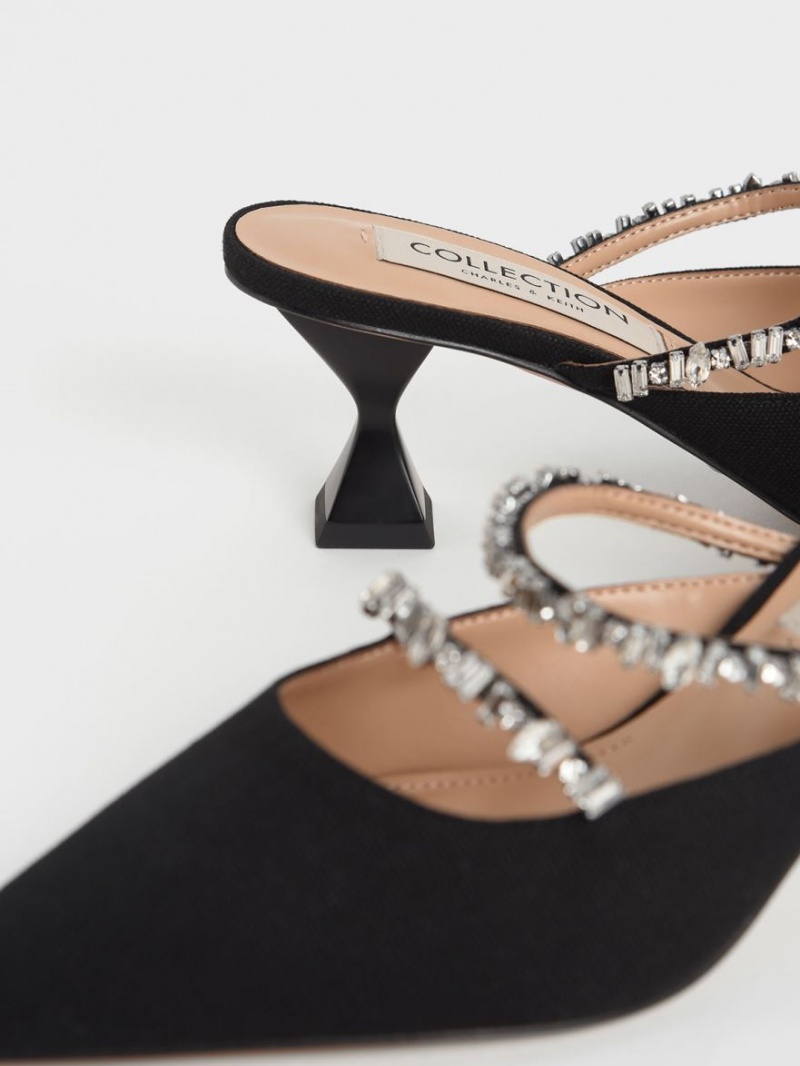 Mules Charles And Keith καμβα Double Gem λουρακια μαυρα | 10286-AESC