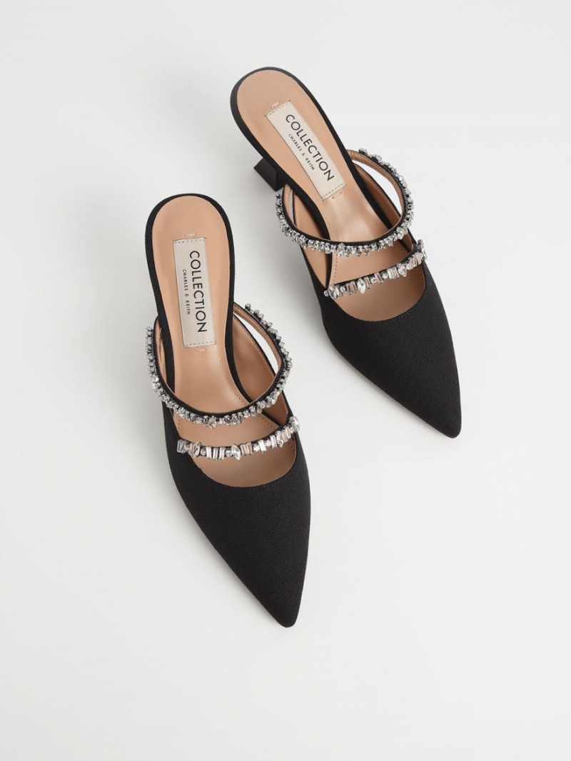 Mules Charles And Keith καμβα Double Gem λουρακια μαυρα | 10286-AESC