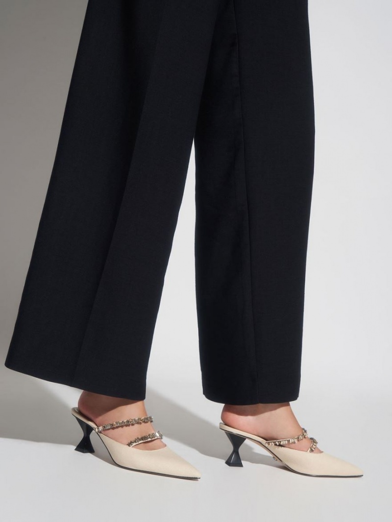 Mules Charles And Keith καμβα Double Gem λουρακια Μπεζ | 90763-FCKU