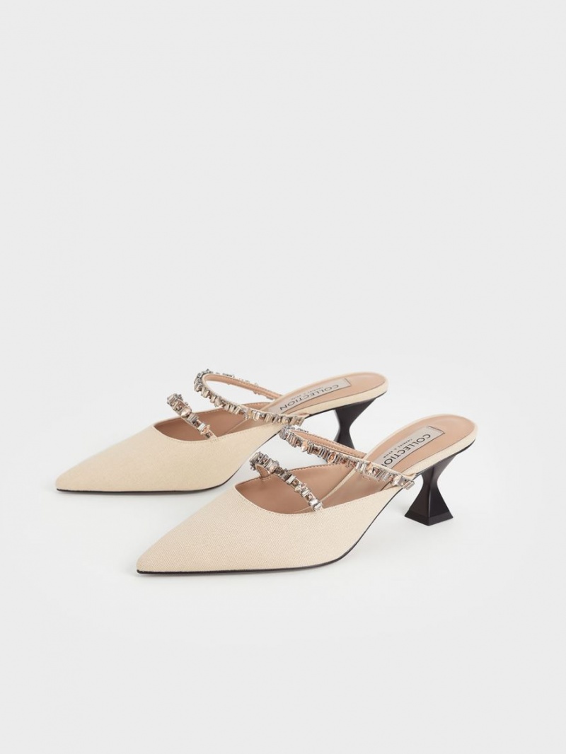 Mules Charles And Keith καμβα Double Gem λουρακια Μπεζ | 90763-FCKU
