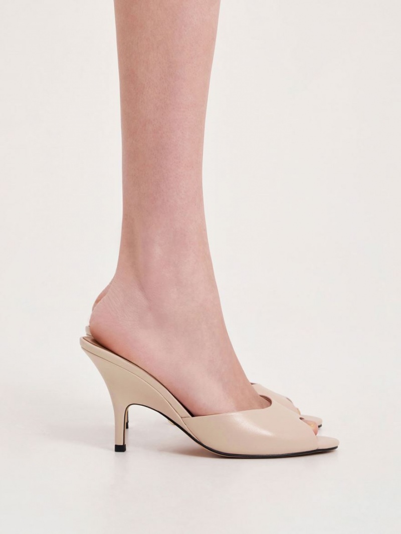 Mules Charles And Keith δερματινα Round-toe με τακουνι Μπεζ | 71289-BFQE