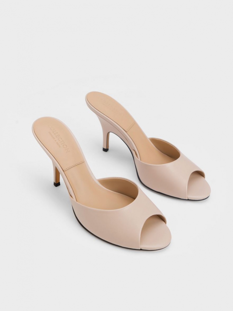 Mules Charles And Keith δερματινα Round-toe με τακουνι Μπεζ | 71289-BFQE