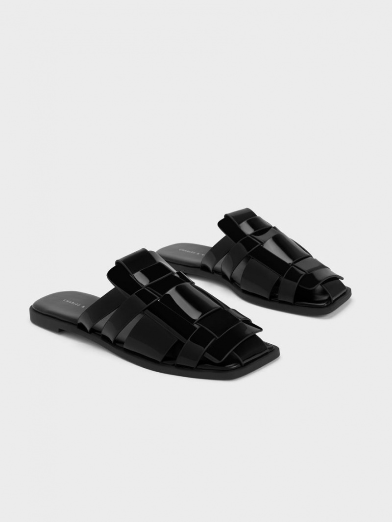 Mules Charles And Keith λουστρινι Woven φλατ μαυρα | 06951-SKPE