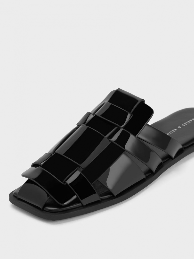 Mules Charles And Keith λουστρινι Woven φλατ μαυρα | 06951-SKPE
