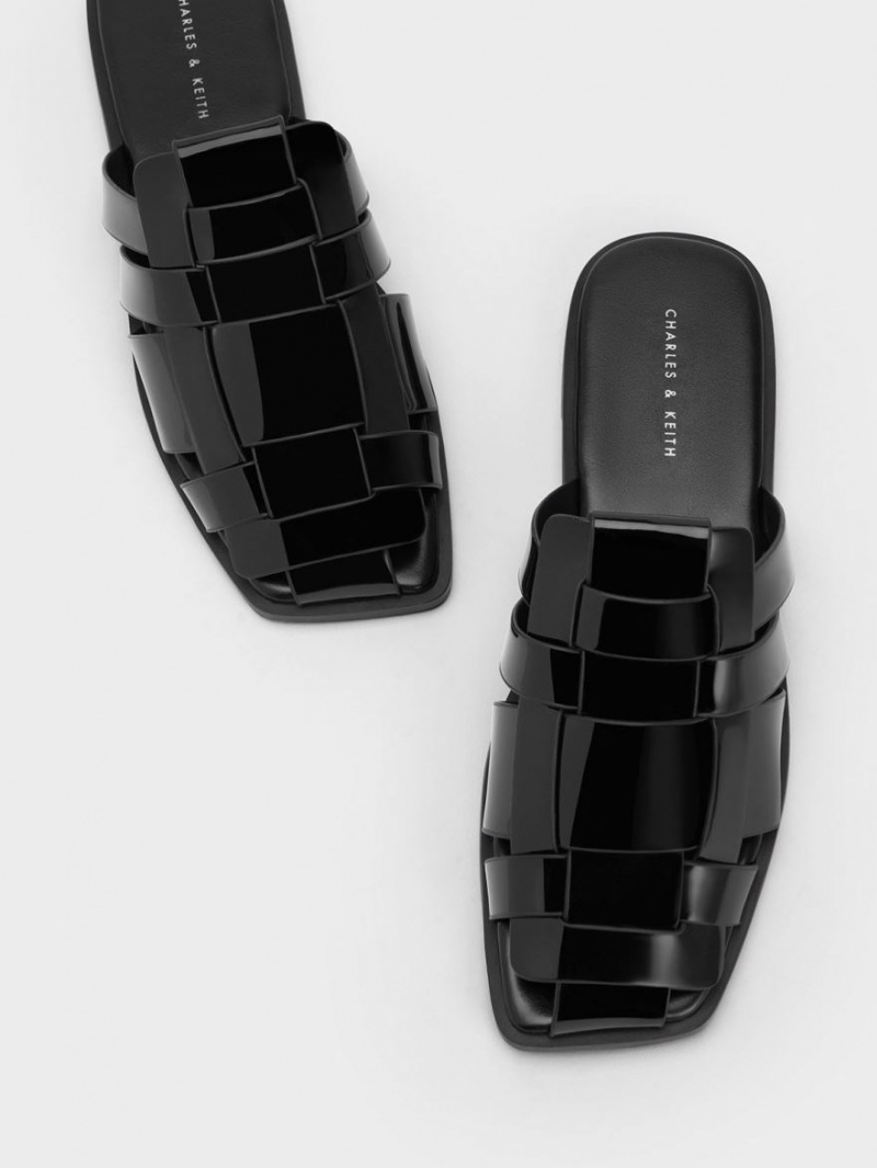 Mules Charles And Keith λουστρινι Woven φλατ μαυρα | 06951-SKPE