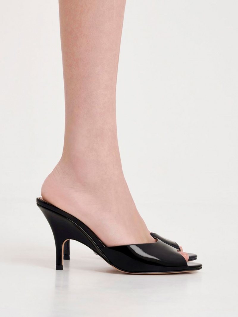 Mules Charles And Keith λουστρινι δερματινα Round-toe με τακουνι μαυρα | 08512-IDYW