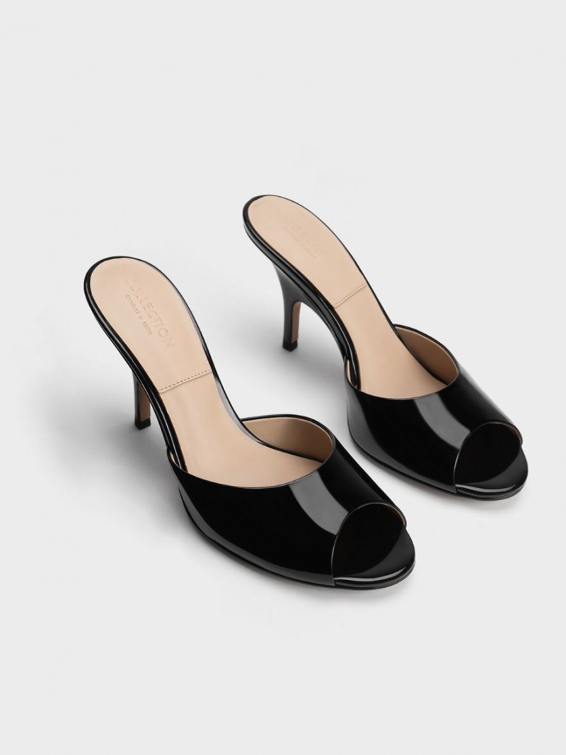 Mules Charles And Keith λουστρινι δερματινα Round-toe με τακουνι μαυρα | 08512-IDYW