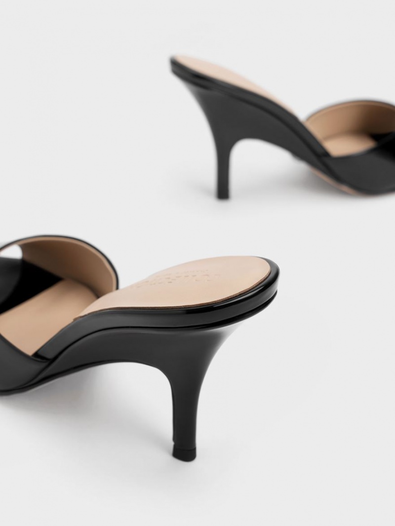Mules Charles And Keith λουστρινι δερματινα Round-toe με τακουνι μαυρα | 08512-IDYW