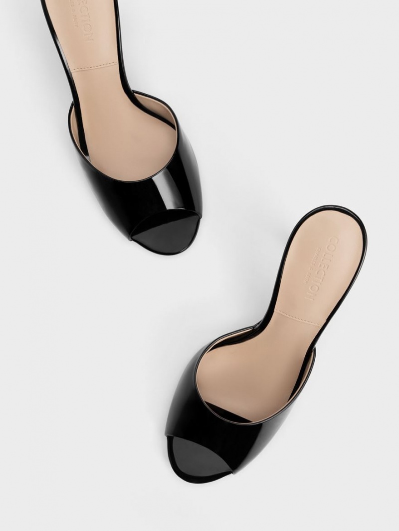 Mules Charles And Keith λουστρινι δερματινα Round-toe με τακουνι μαυρα | 08512-IDYW