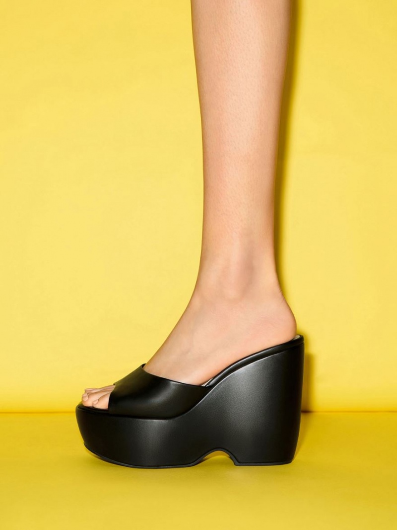 Mules Charles And Keith Χοντρός flatforms Wedge μαυρα | 62854-IUXA