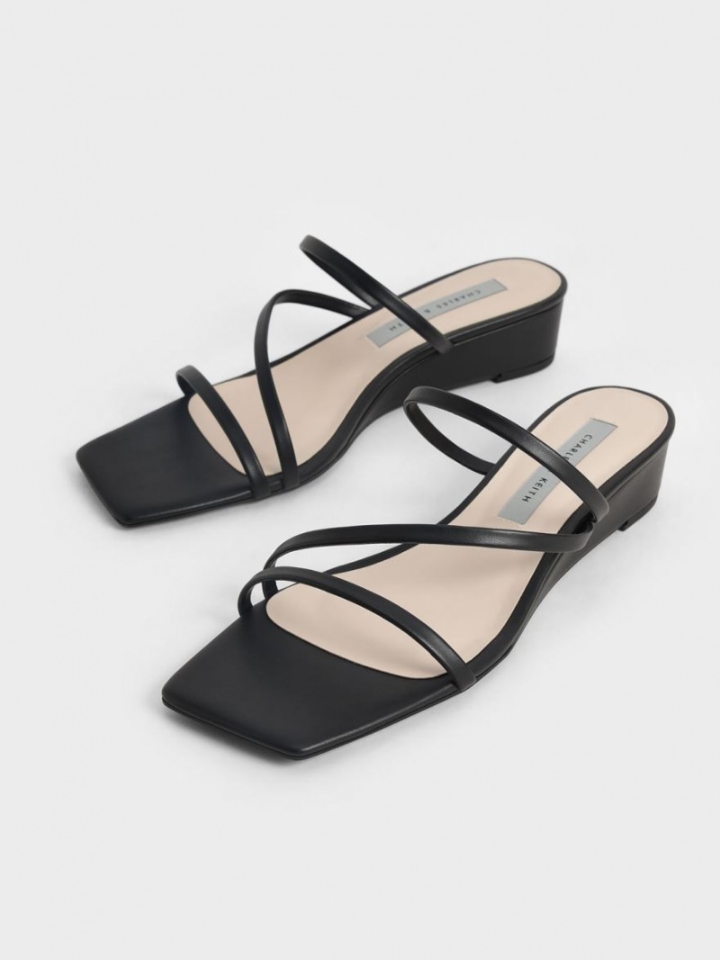 Mules Charles And Keith strappy Wedge μαυρα | 93675-HZNF