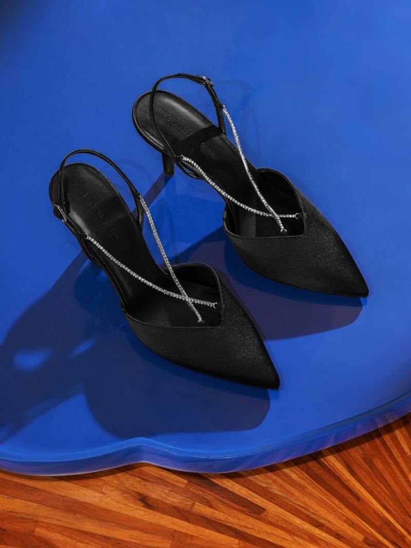 Γοβεσ Charles And Keith Adel Recycled Polyester Gem-λουρακια Slingback μαυρα | 23894-ZCJG