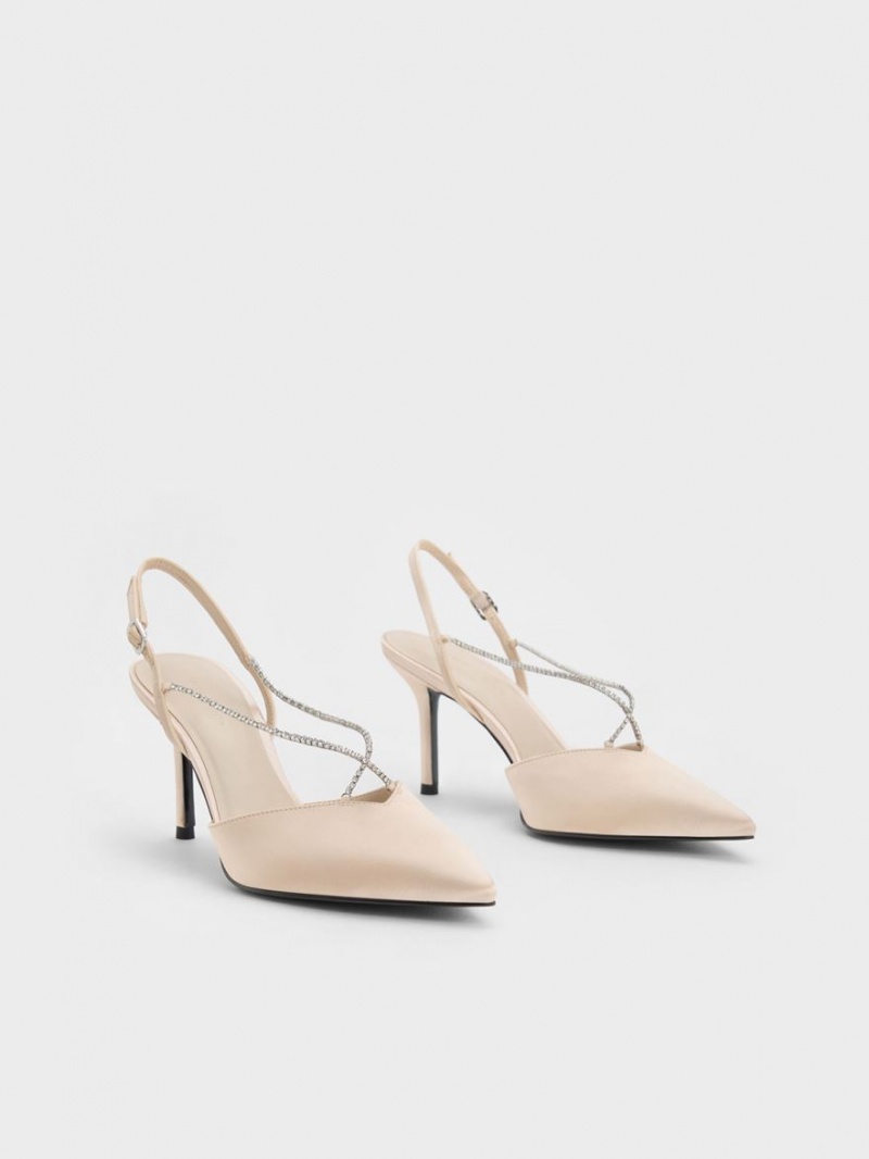 Γοβεσ Charles And Keith Adel Recycled Polyester Gem-λουρακια Slingback Μπεζ | 97405-JXIU