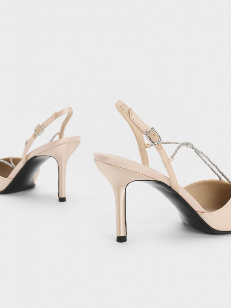 Γοβεσ Charles And Keith Adel Recycled Polyester Gem-λουρακια Slingback Μπεζ | 97405-JXIU