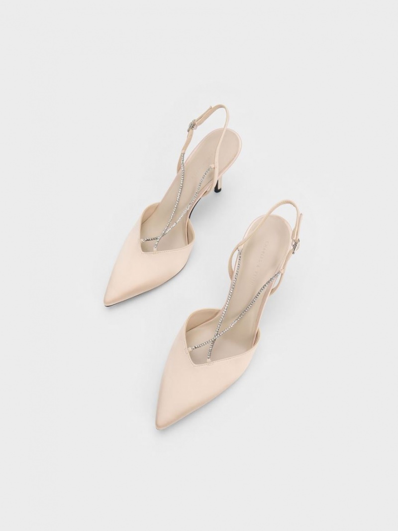 Γοβεσ Charles And Keith Adel Recycled Polyester Gem-λουρακια Slingback Μπεζ | 97405-JXIU