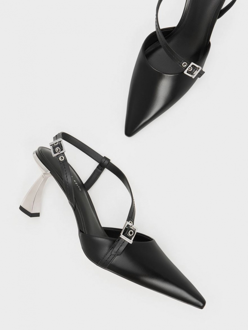 Γοβεσ Charles And Keith Asymmetric Curved Heel Slingback μαυρα | 74183-UOHC