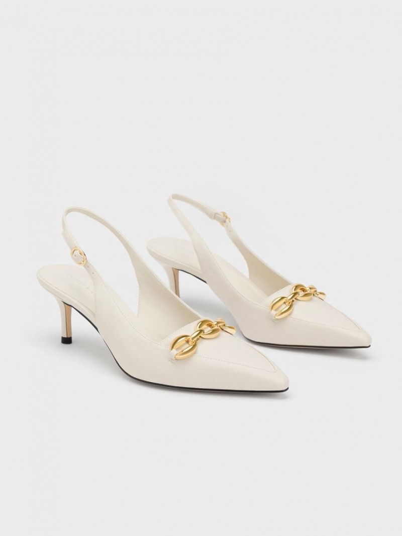 Γοβεσ Charles And Keith Avani Χοντρός Chain-Embellished Slingback ασπρα | 24395-VJHR