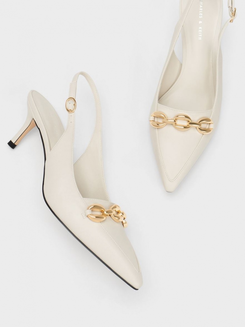 Γοβεσ Charles And Keith Avani Χοντρός Chain-Embellished Slingback ασπρα | 24395-VJHR