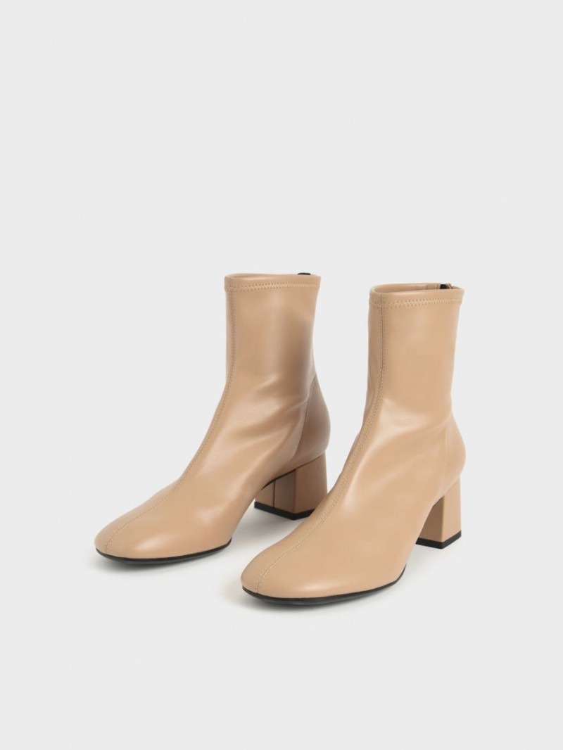 Μποτακια Charles And Keith Block Heel Μπεζ | 60895-HCJU