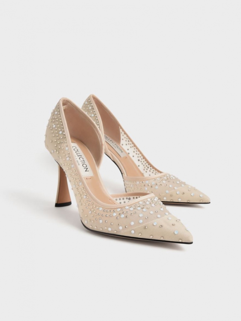 Γοβεσ Charles And Keith Blythe Mesh Embellished Half-D'Orsay Μπεζ | 36029-TPHO