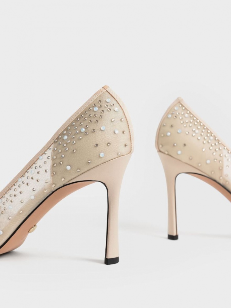 Γοβεσ Charles And Keith Blythe Mesh Embellished Half-D'Orsay Μπεζ | 36029-TPHO