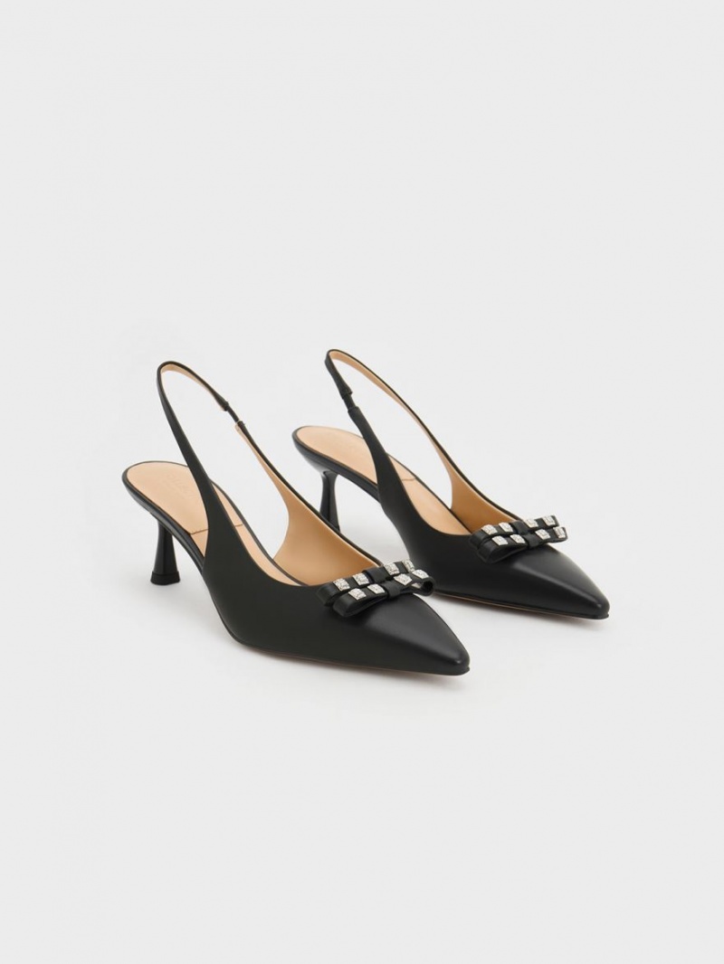 Γοβεσ Charles And Keith Bow Crystal-Embellished δερματινα Slingback μαυρα | 98407-FCHL