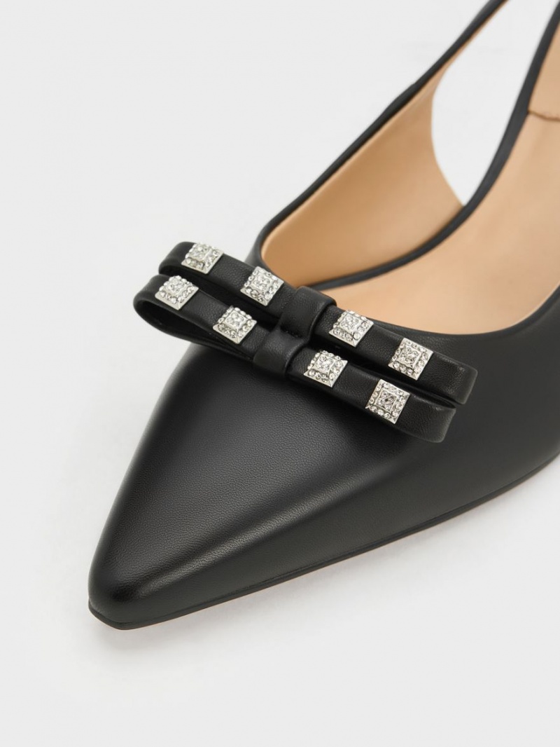 Γοβεσ Charles And Keith Bow Crystal-Embellished δερματινα Slingback μαυρα | 98407-FCHL