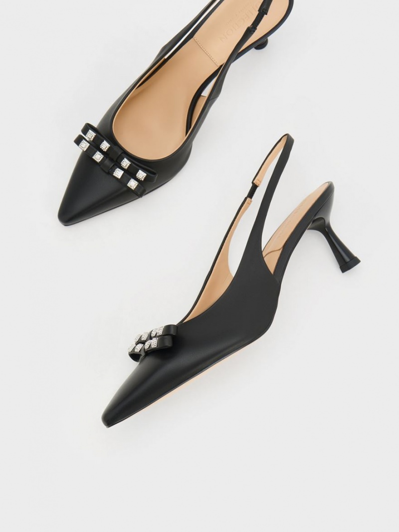 Γοβεσ Charles And Keith Bow Crystal-Embellished δερματινα Slingback μαυρα | 98407-FCHL