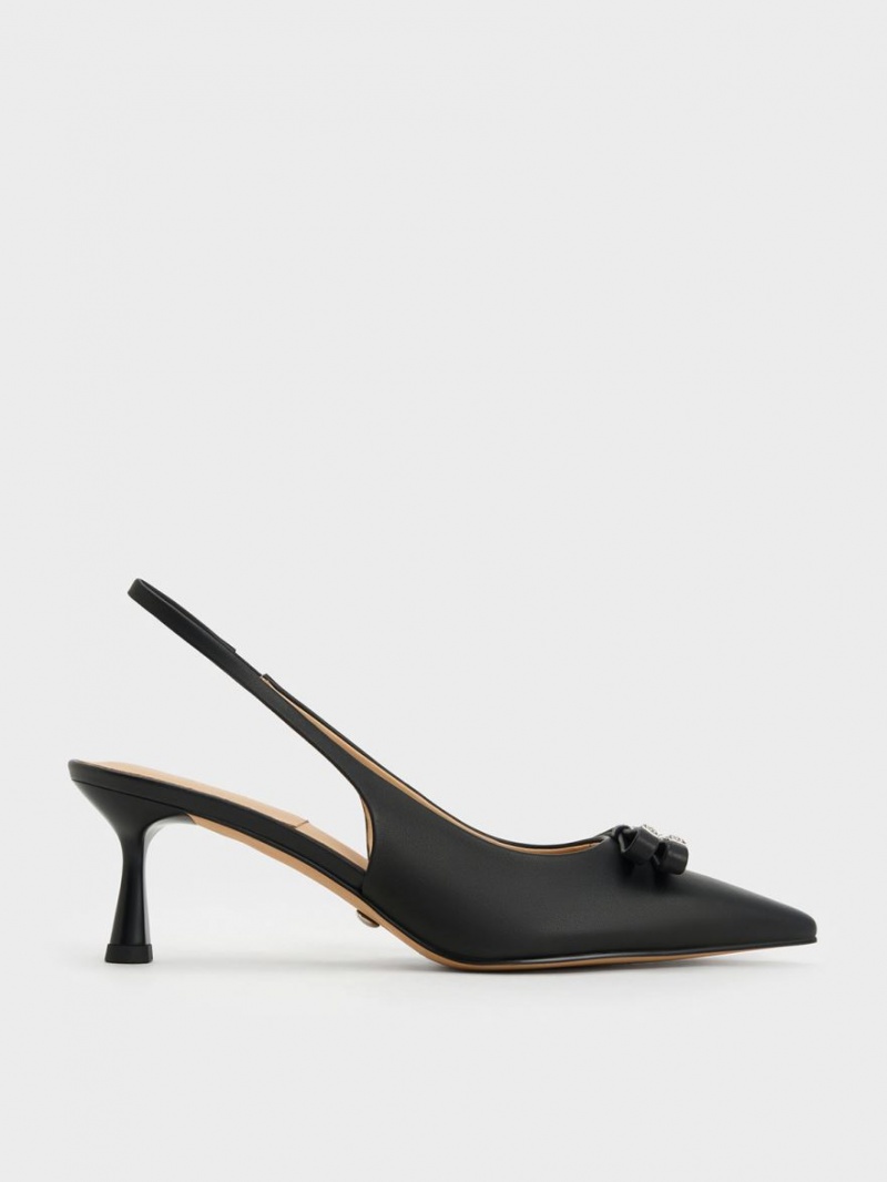 Γοβεσ Charles And Keith Bow Crystal-Embellished δερματινα Slingback μαυρα | 98407-FCHL