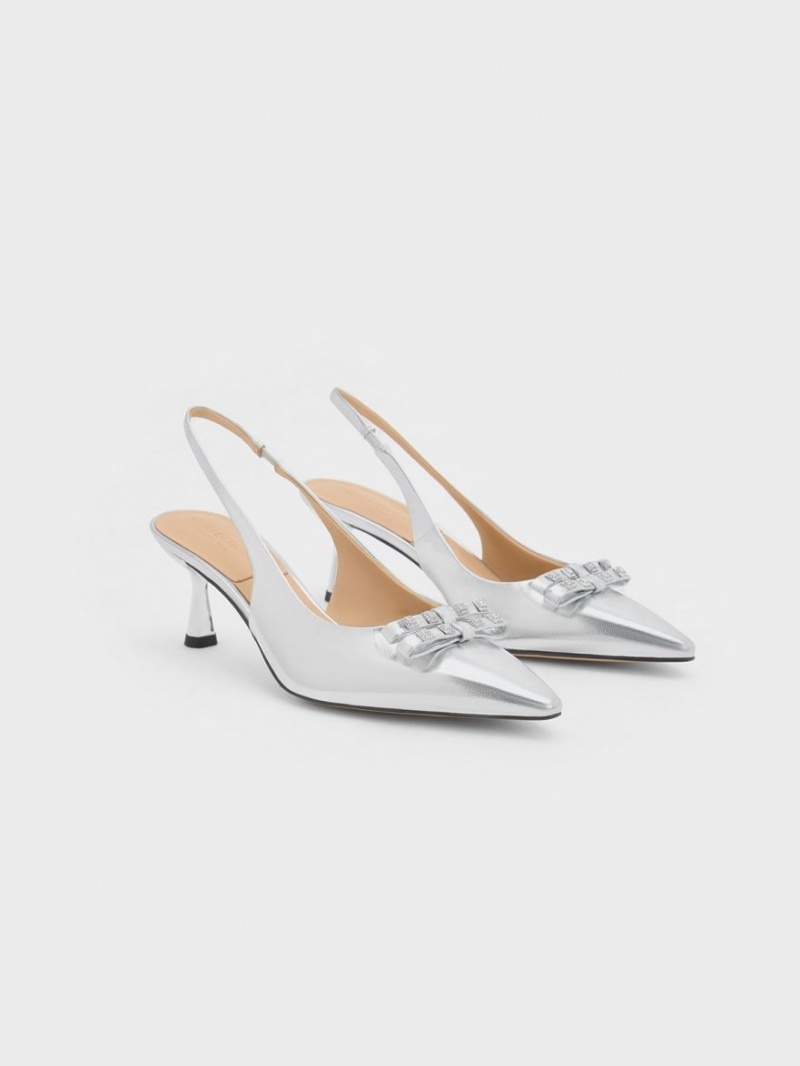 Γοβεσ Charles And Keith Bow Crystal-Embellished Metallic δερματινα Slingback ασημι | 21458-XYCF