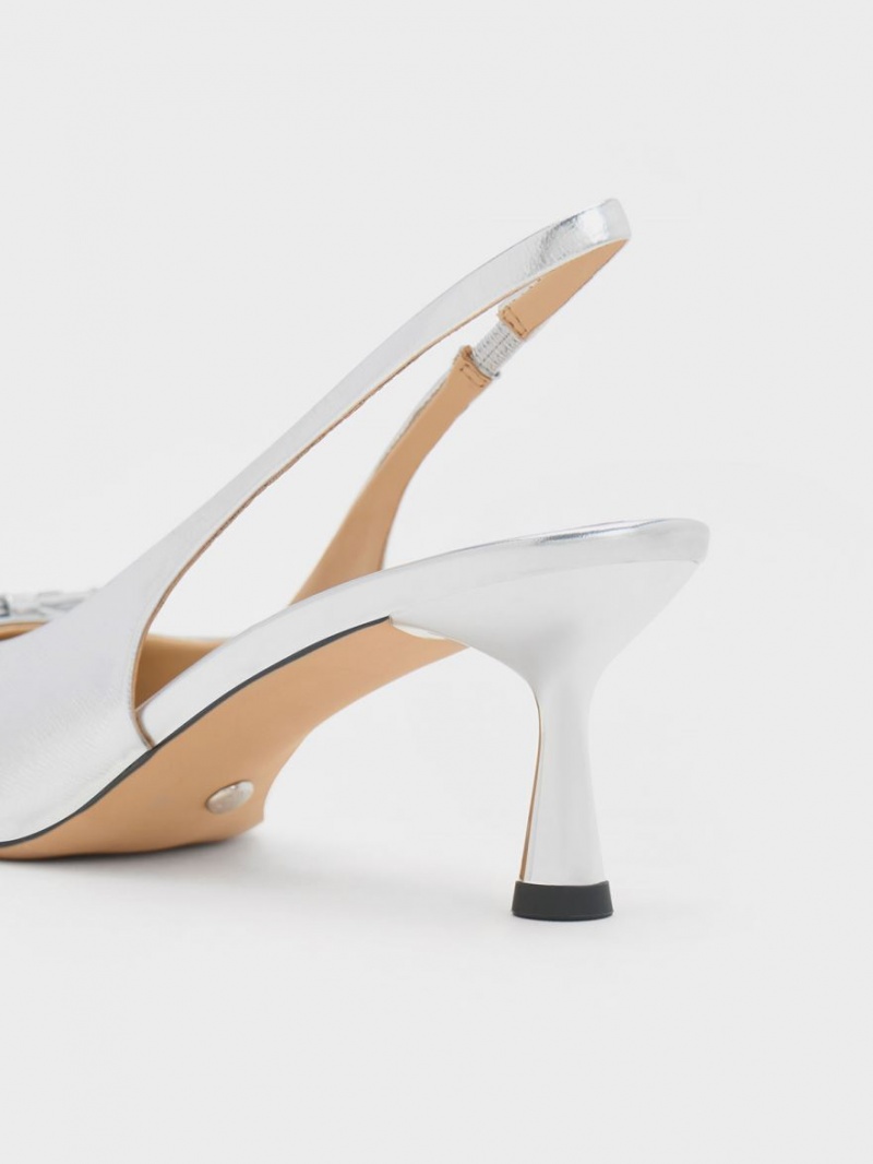 Γοβεσ Charles And Keith Bow Crystal-Embellished Metallic δερματινα Slingback ασημι | 21458-XYCF