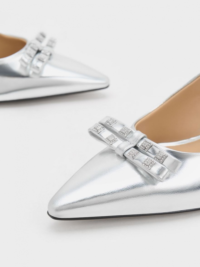Γοβεσ Charles And Keith Bow Crystal-Embellished Metallic δερματινα Slingback ασημι | 21458-XYCF