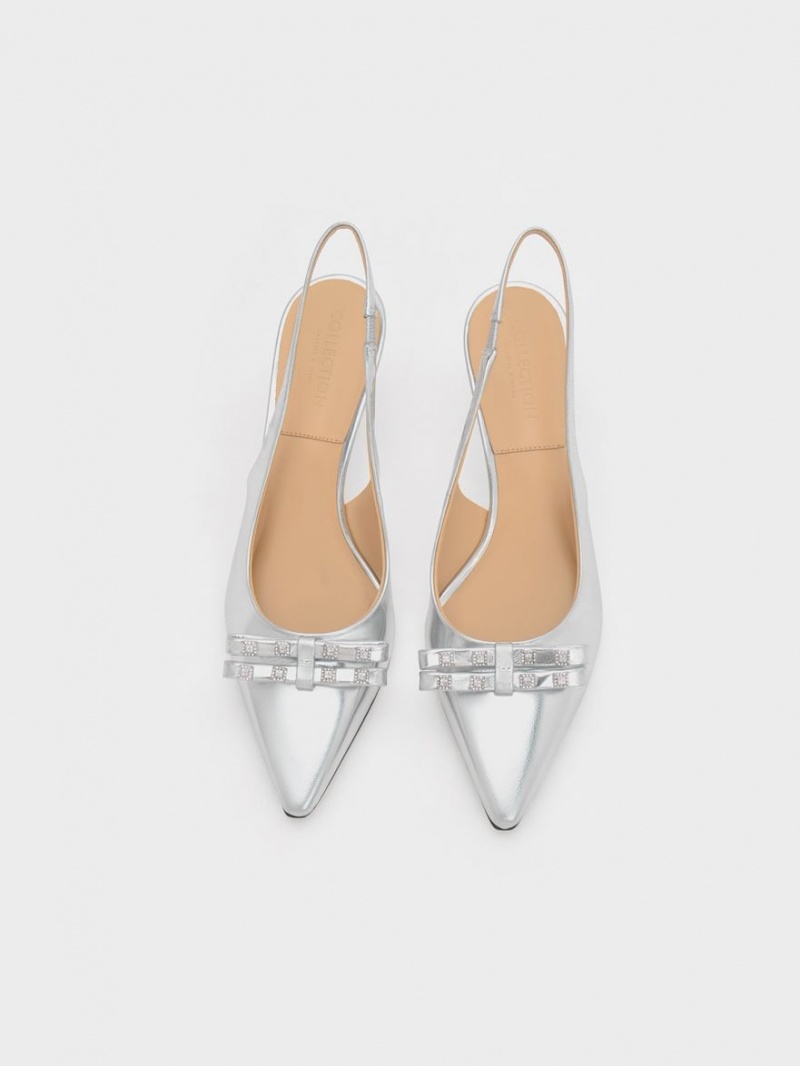 Γοβεσ Charles And Keith Bow Crystal-Embellished Metallic δερματινα Slingback ασημι | 21458-XYCF