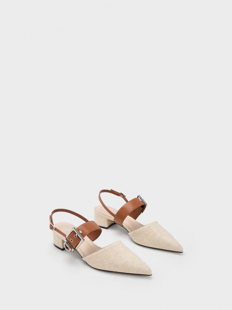 Γοβεσ Charles And Keith Buckled λουρακια Linen Slingback Μπεζ | 26510-EFDQ