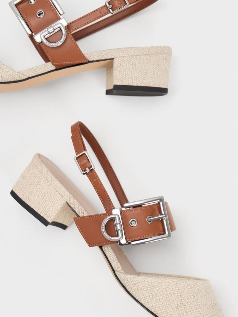 Γοβεσ Charles And Keith Buckled λουρακια Linen Slingback Μπεζ | 26510-EFDQ