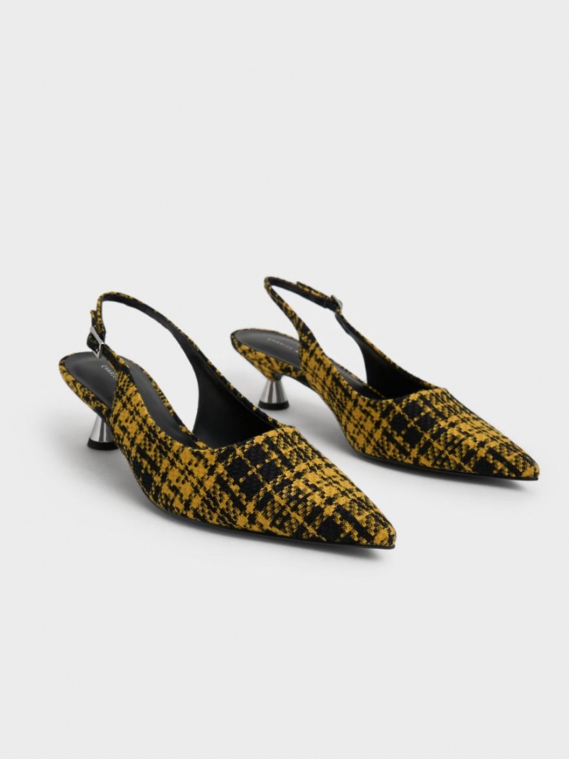 Γοβεσ Charles And Keith Checkered Spool Heel Slingback κίτρινα | 23890-CWDU