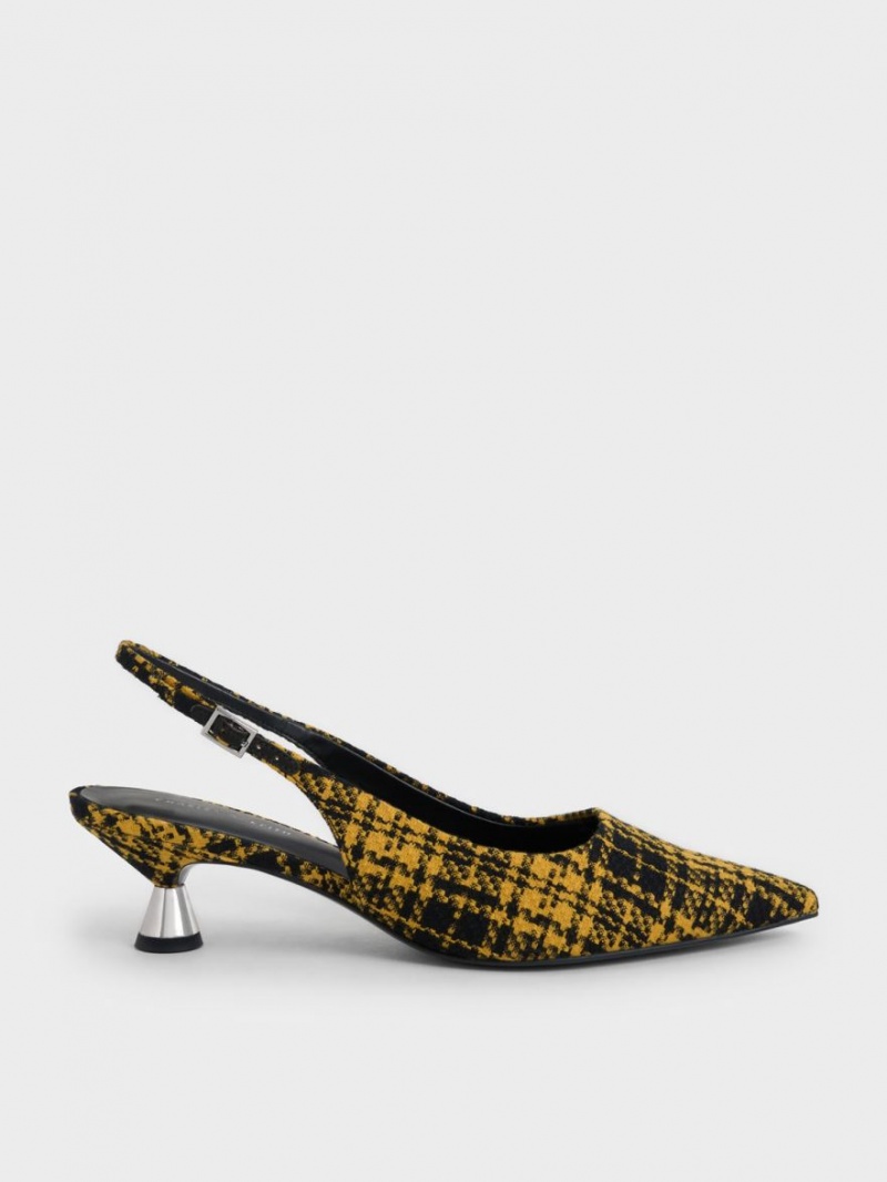 Γοβεσ Charles And Keith Checkered Spool Heel Slingback κίτρινα | 23890-CWDU