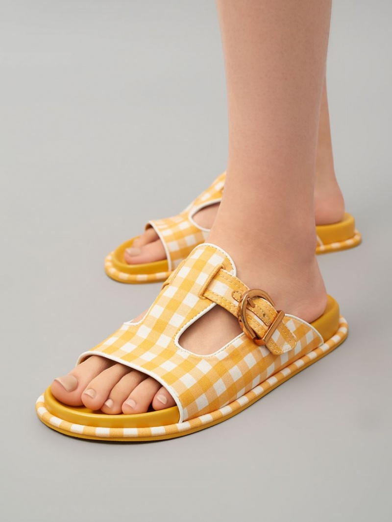 Σαγιοναρεσ Charles And Keith Cut-Out Linen Gingham-Print Buckled κίτρινα | 78691-ADPE