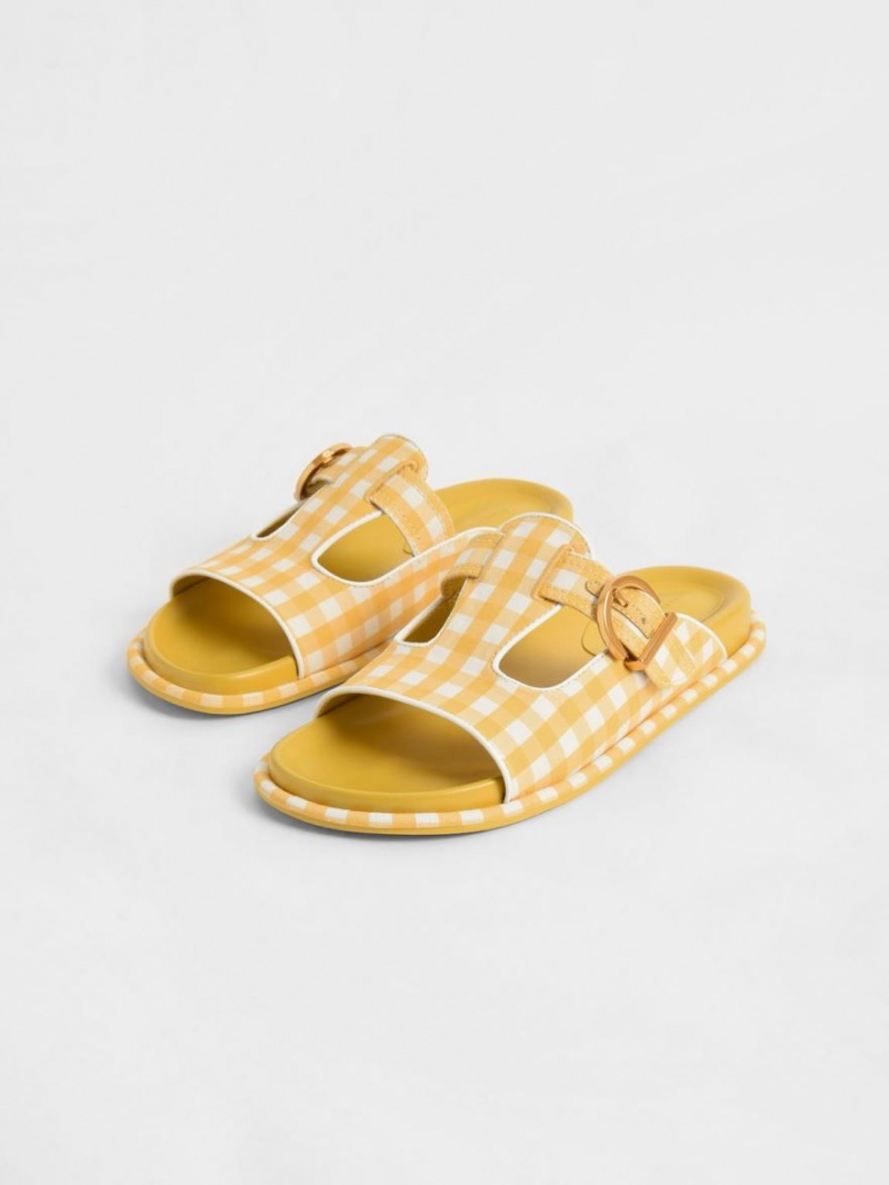 Σαγιοναρεσ Charles And Keith Cut-Out Linen Gingham-Print Buckled κίτρινα | 78691-ADPE
