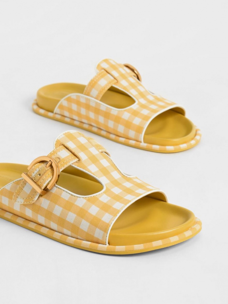 Σαγιοναρεσ Charles And Keith Cut-Out Linen Gingham-Print Buckled κίτρινα | 78691-ADPE