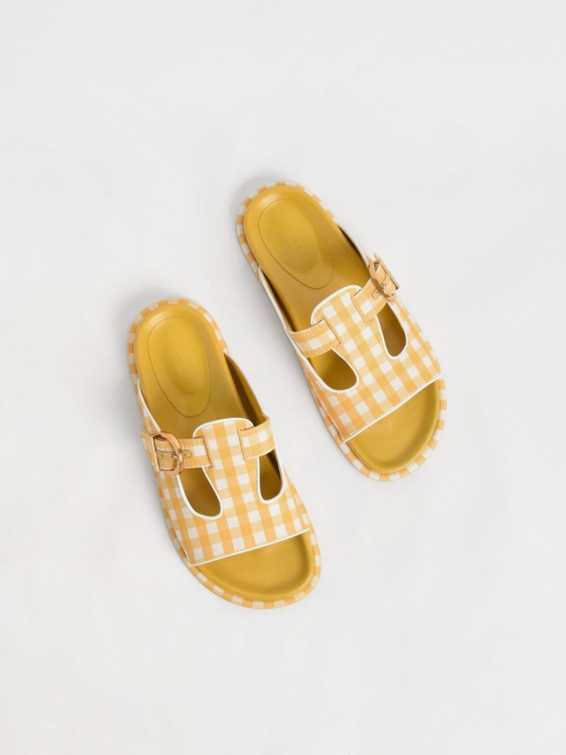 Σαγιοναρεσ Charles And Keith Cut-Out Linen Gingham-Print Buckled κίτρινα | 78691-ADPE