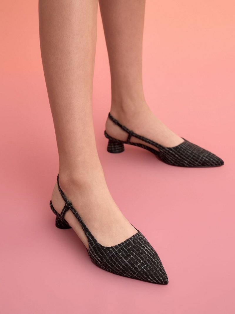 Γοβεσ Charles And Keith Cylindrical Heel Tweed Slingback μαυρα | 35819-TCSK