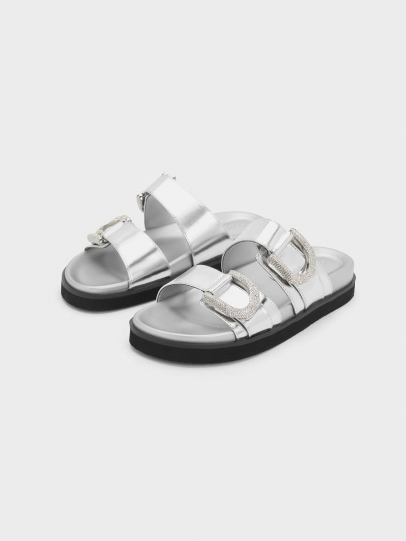 Σαγιοναρεσ Charles And Keith Gabine Crystal-Embellished Metallic δερματινα ασημι | 04578-IEOB