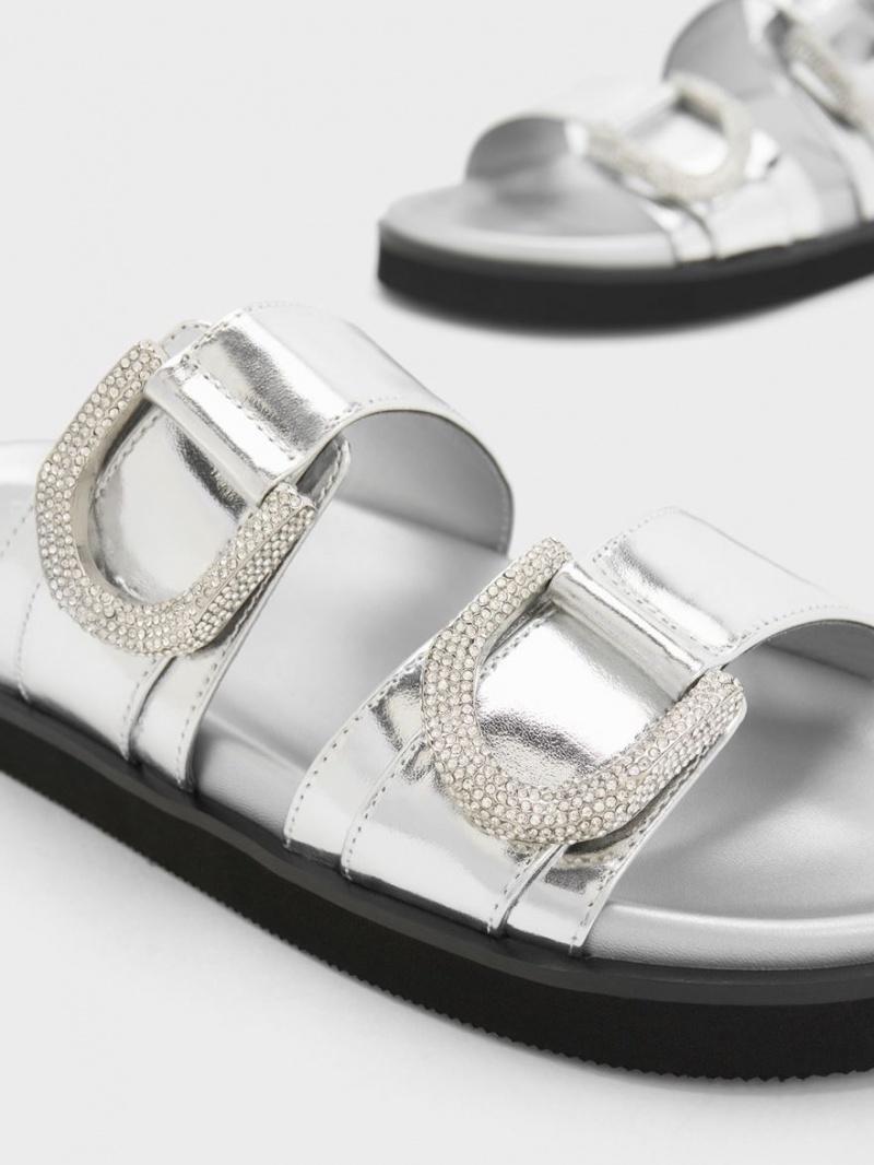 Σαγιοναρεσ Charles And Keith Gabine Crystal-Embellished Metallic δερματινα ασημι | 04578-IEOB