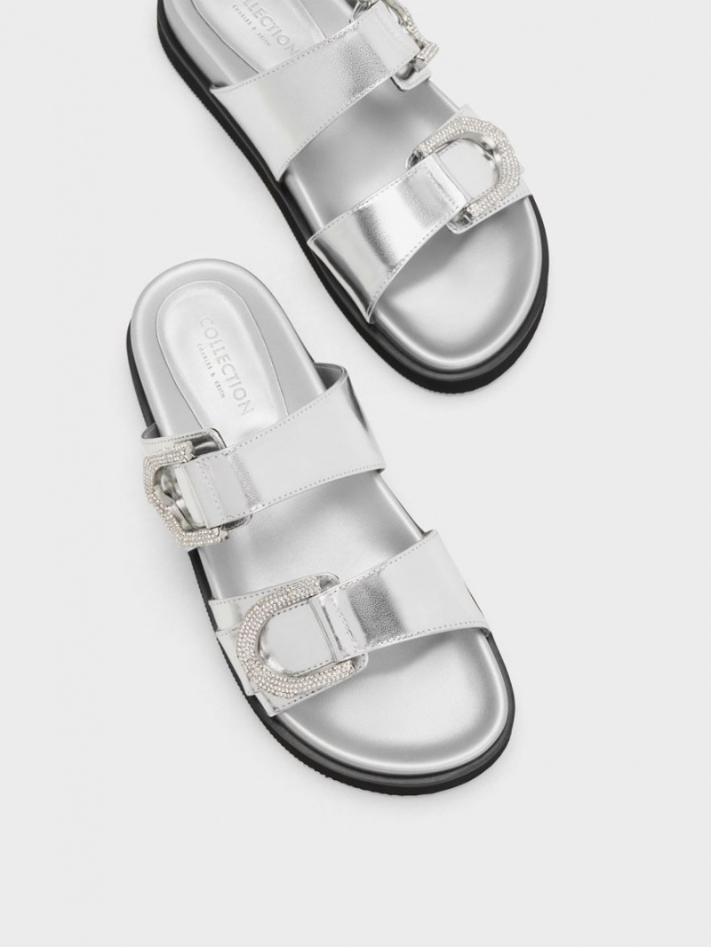 Σαγιοναρεσ Charles And Keith Gabine Crystal-Embellished Metallic δερματινα ασημι | 04578-IEOB