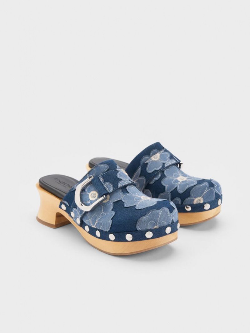 Σαμπο Charles And Keith Gabine Floral Denim Studded μπλε | 29540-DYPX