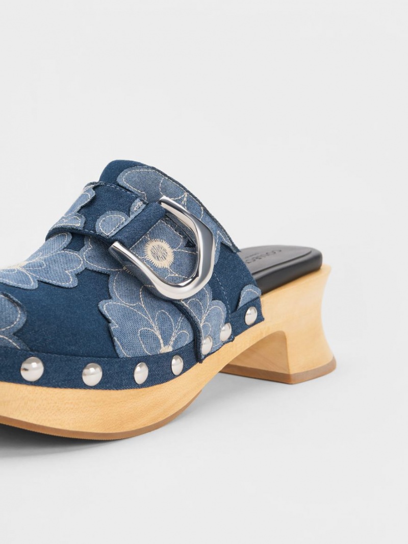 Σαμπο Charles And Keith Gabine Floral Denim Studded μπλε | 29540-DYPX